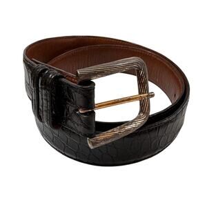 USA Belt Black Alligator Embossed Leather Keeper Loop Silver Nickel Buckle Sz 34